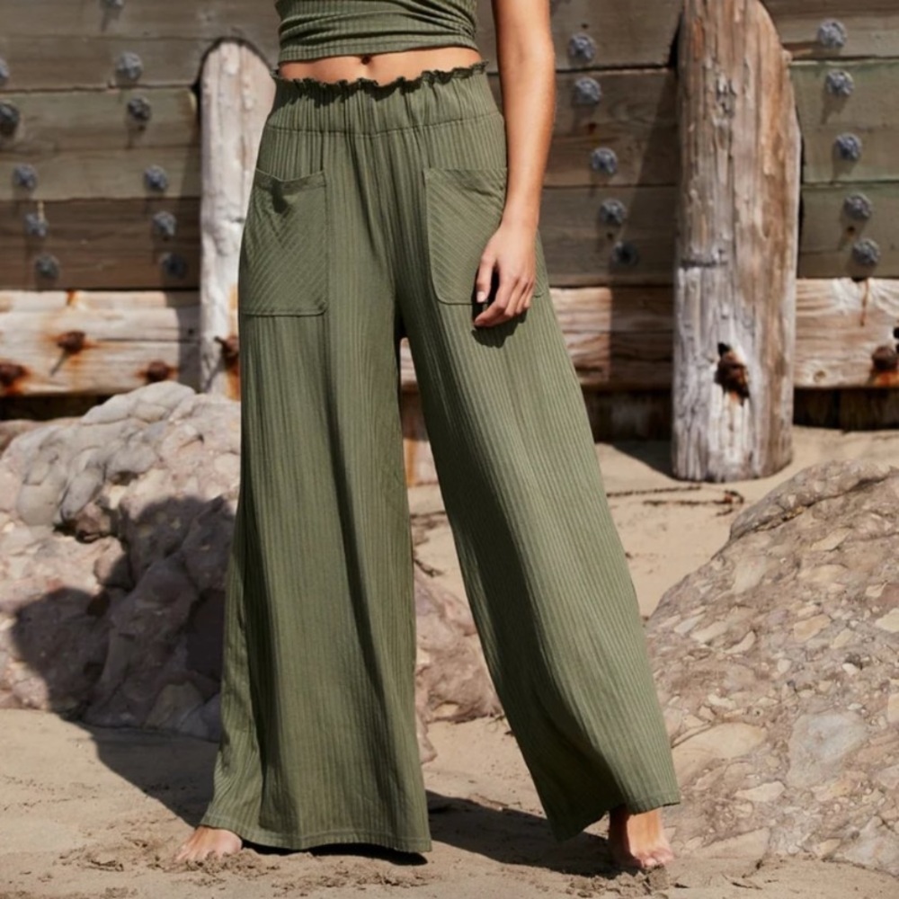 Free People Movement Blissed Out Wide Leg Ribbed High Waist Pant Green Small